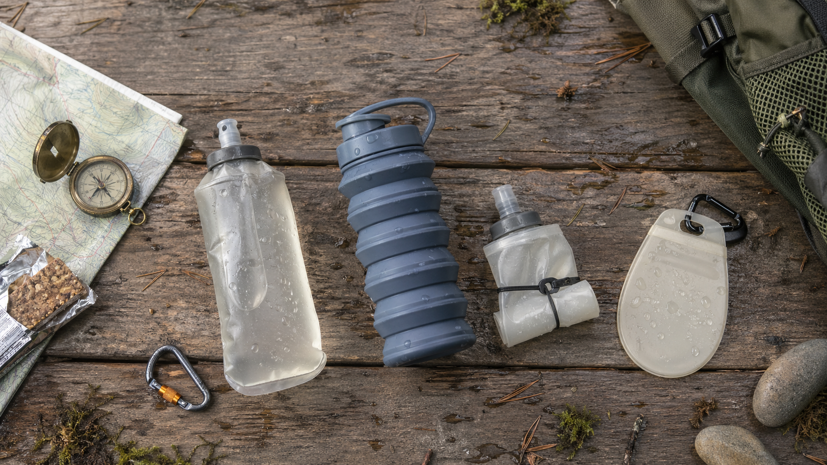 Best collapsible water bottle 2026 lineup laid out on weathered cedar with daypack and trail map, rolled flat and full configurations shown