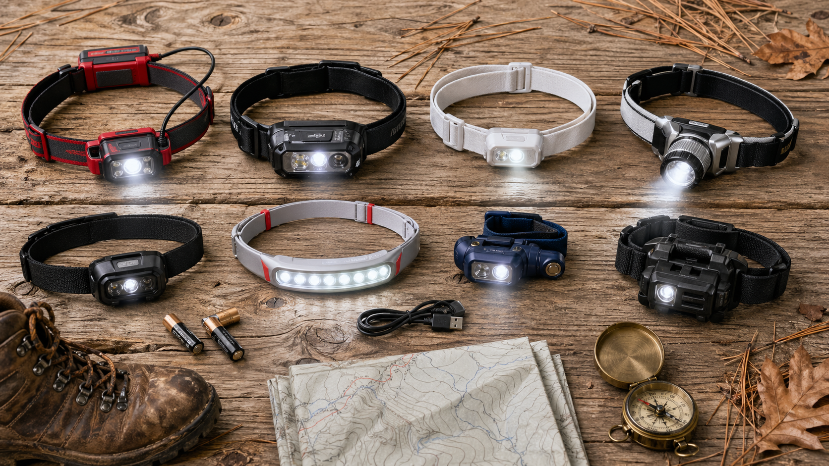 Best headlamp 2026 lineup of premium picks from Petzl, Black Diamond, Nitecore, Coast, Olight, Streamlight, NEBO, and Energizer arranged on weathered cedar with charging cable, hiking boot, and trail map