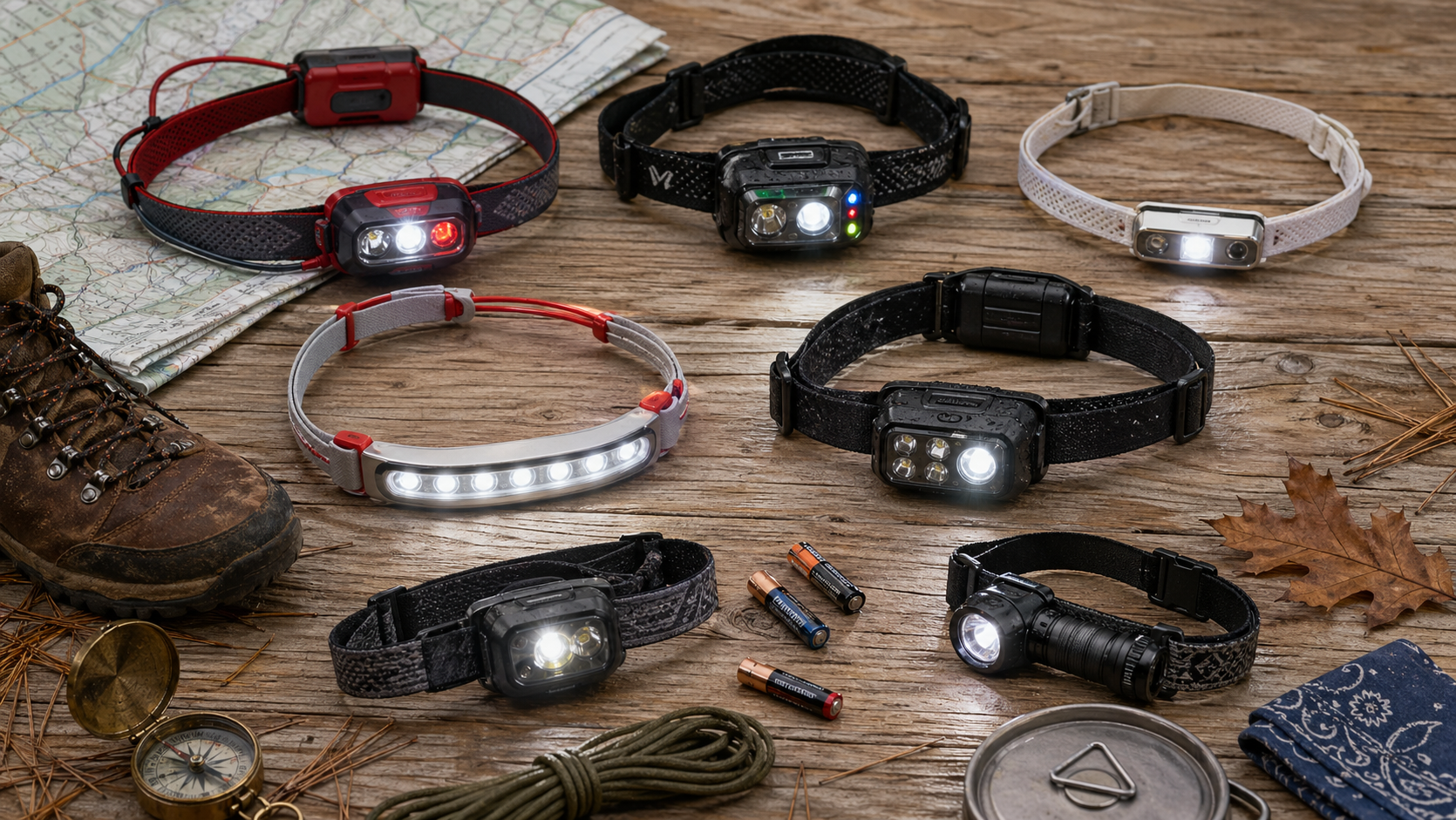 Best hiking headlamp 2026 lineup of premium picks for backpacking and thru-hiking from Petzl, Black Diamond, Nitecore, and Olight arranged on weathered cedar with backpack, trail map, and hiking boots