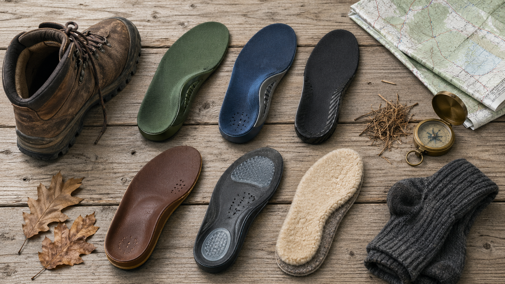 Best insoles for hiking 2026 lineup of six insole types arranged on weathered cedar with a hiking boot, trail map, and compass