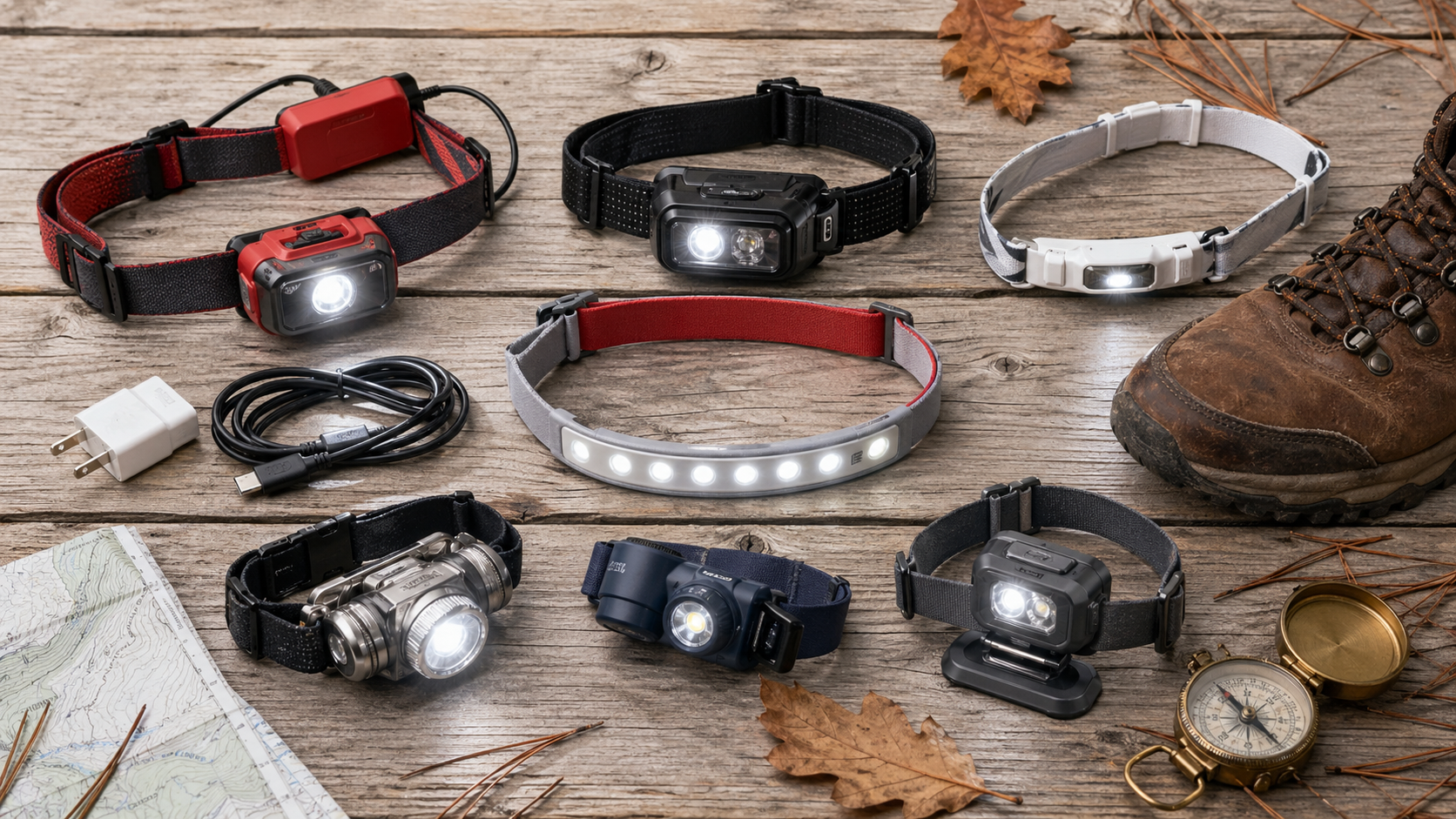 Best rechargeable headlamp 2026 lineup of premium USB-C headlamps arranged on weathered cedar with a charging cable, hiking boot, and trail map