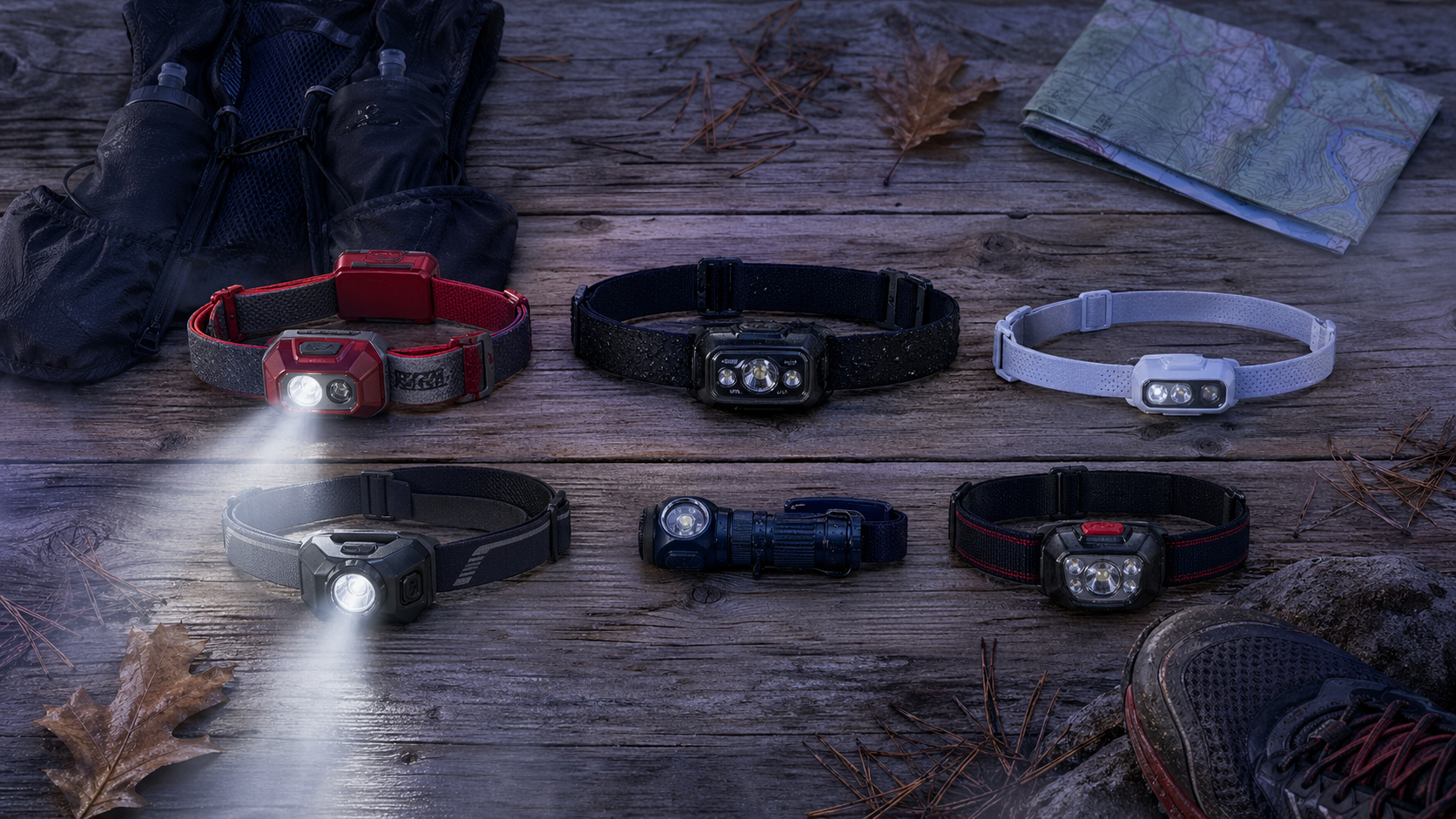 Best running headlamp 2026 lineup of six headlamp types arranged on weathered cedar at dawn with a running vest, trail map, and trail running shoe