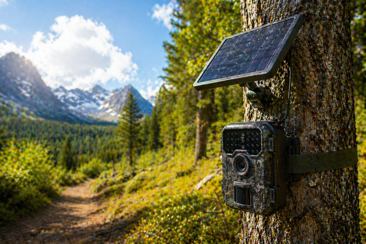 Best solar-powered trail cameras for 2026: solar-powered trail cameras mounted on tree in forest
