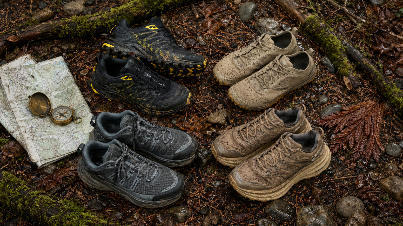 Best trail running shoes 2026 laid out on a forest trail with backpack and trekking poles ready for the day