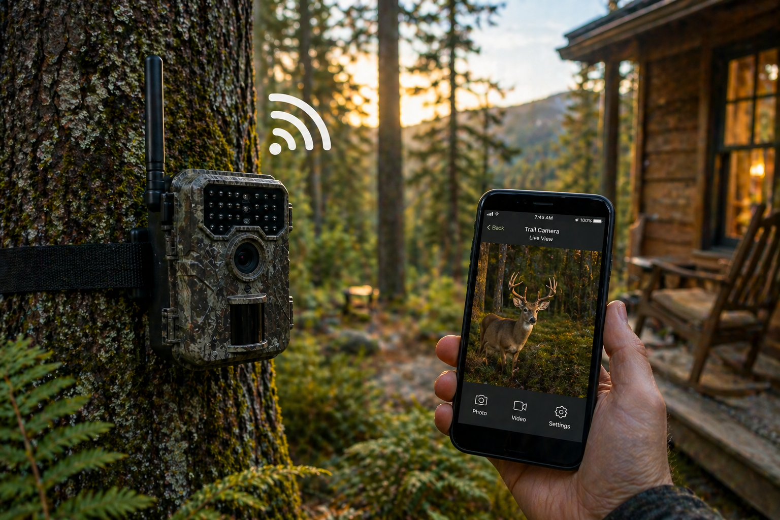 WiFi trail camera mounted on a tree in Pacific Northwest forest