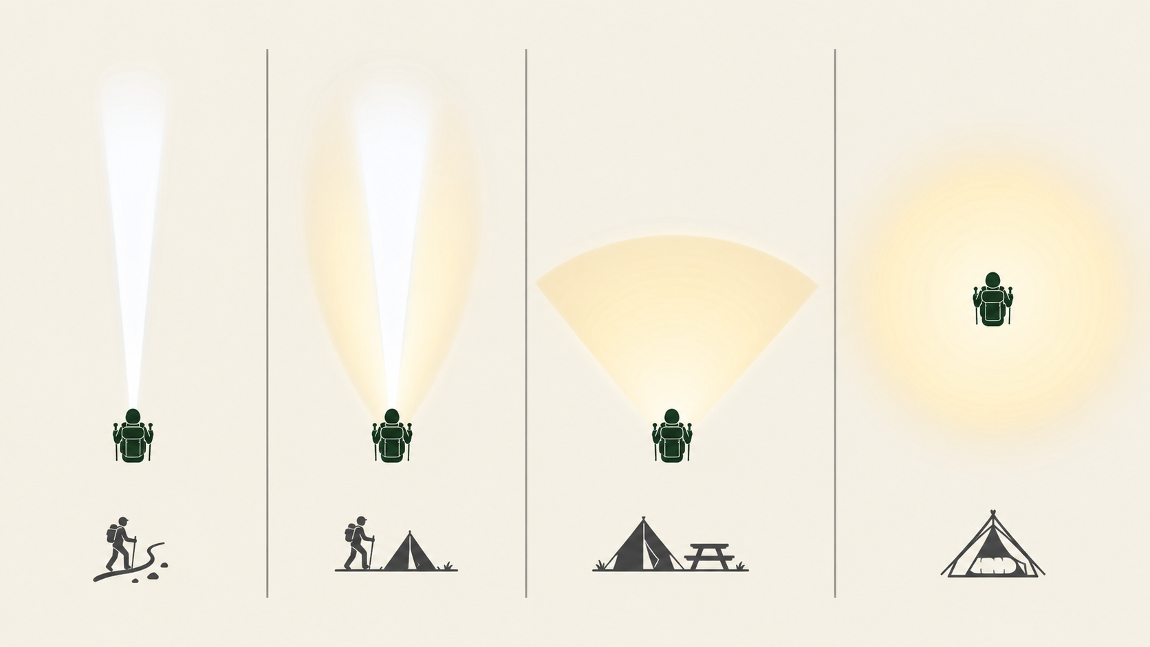Best camping headlamp beam pattern comparison showing focused spot, mixed beam, wide flood, and 360-degree ambient lighting types for different camp scenarios