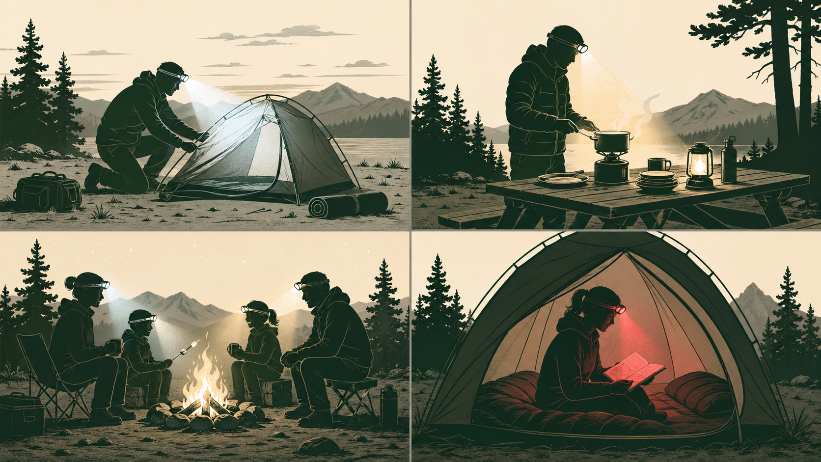 Best camping headlamp use case guide showing tent setup, cooking, group camping, and tent-interior scenarios with appropriate beam types for each