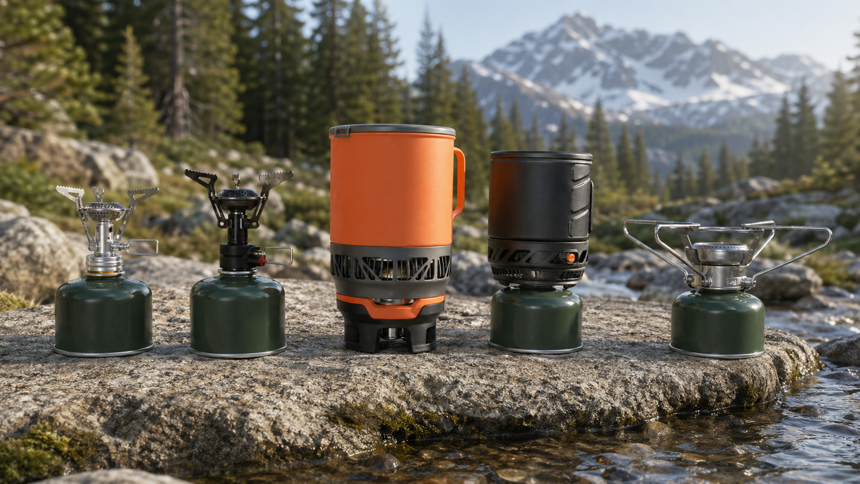 Five backpacking and integrated cook system stoves on a granite slab: MSR PocketRocket 2 ultralight canister stove on isobutane canister, Etekcity portable canister backpacking stove, Jetboil Zip 0.8L integrated cooking system with FluxRing pot, Fixed Star 1 budget integrated cooking system, and Soto WindMaster recessed-burner canister stove with 4-flex pot supports