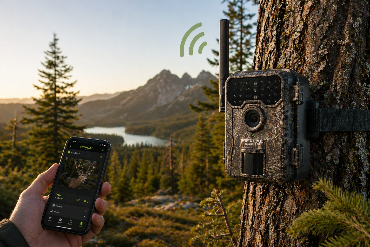 Cellular trail camera mounted on a tree in Pacific Northwest forest