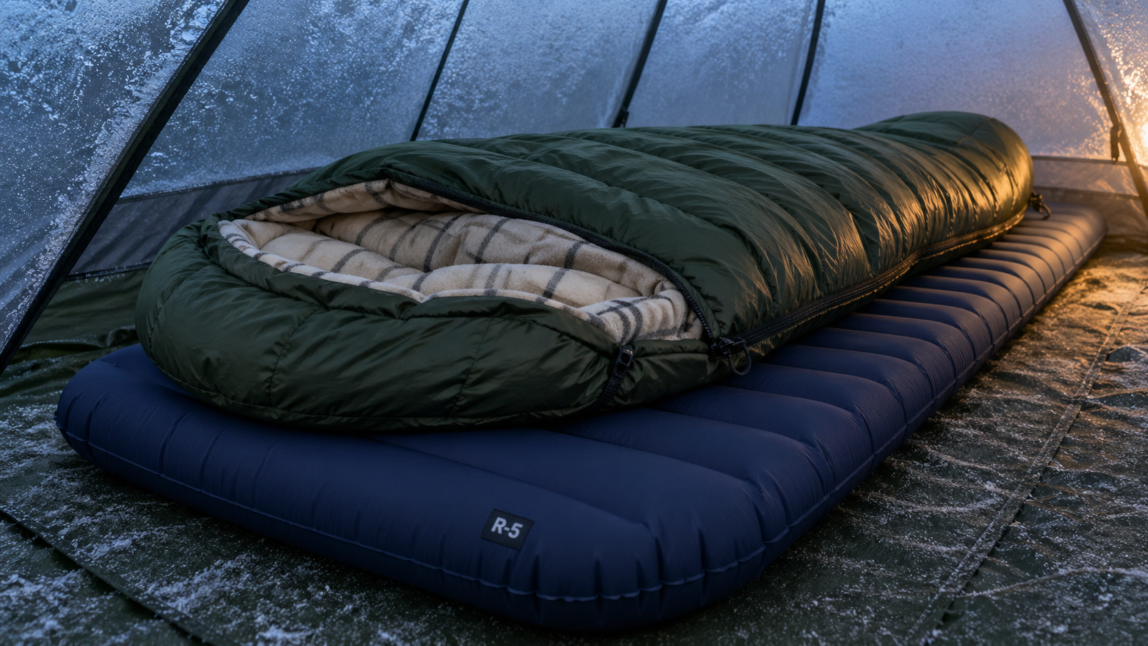Cold weather sleeping bag and sleeping pad system layered inside a frosted dome tent showing the navy blue insulated R-5 pad beneath a forest green mummy bag with brushed flannel interior