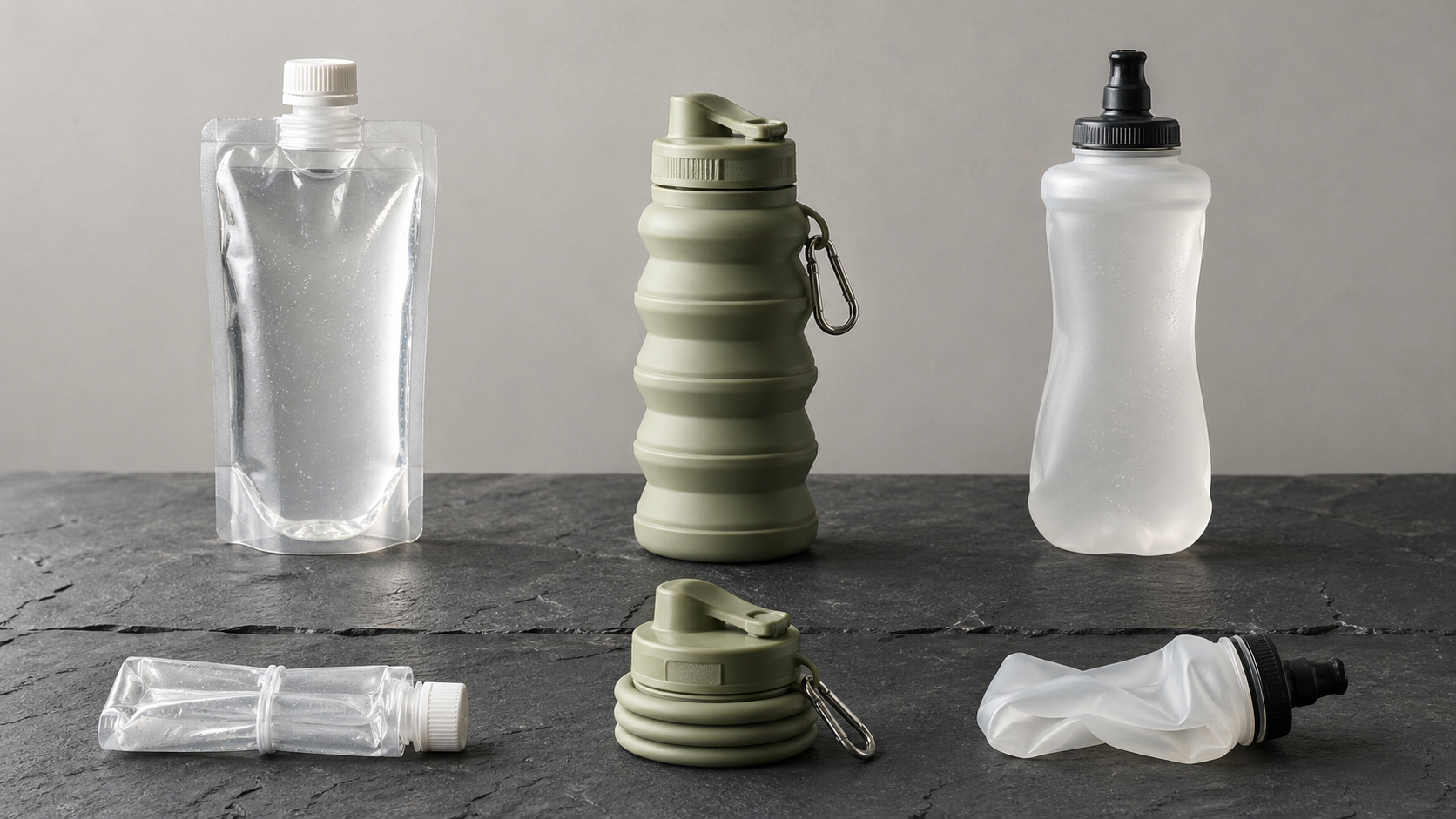 Best collapsible water bottle construction types comparison , plastic film, silicone, and soft TPU shown side by side