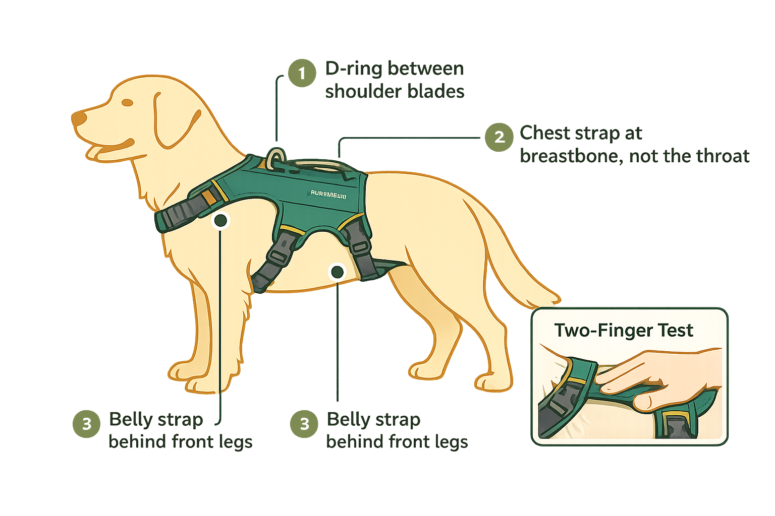 Diagram showing correct dog harness fit: D-ring between shoulder blades, chest strap at breastbone, belly strap behind front legs