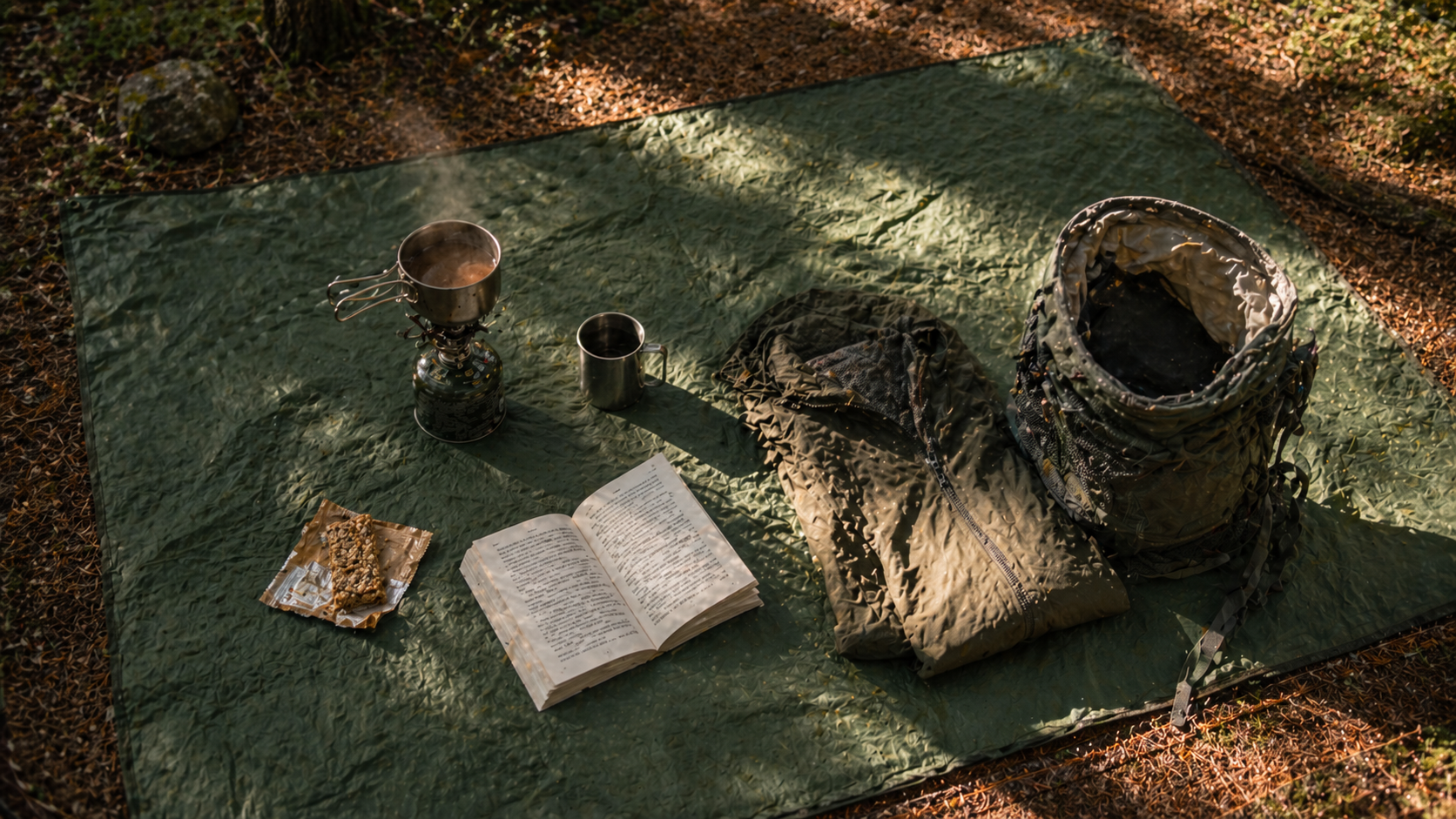 A green polyester tent footprint laid out as a picnic and gear-organizing surface in a sunny forest clearing, with a camp stove, mug, paperback book, jacket, and daypack arranged on top