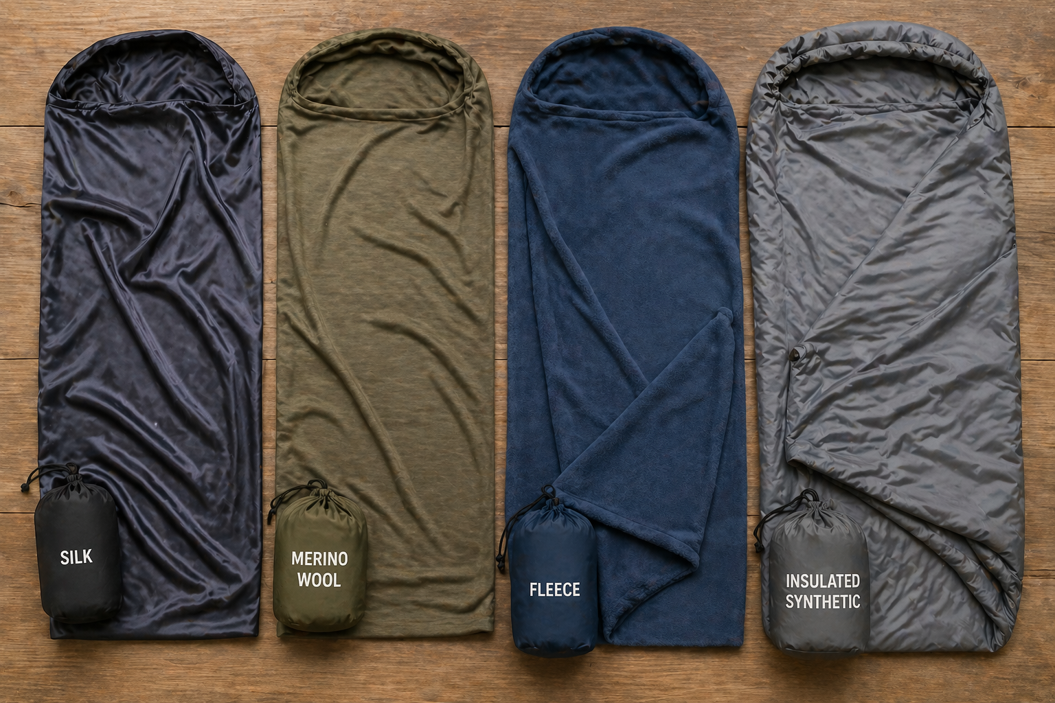 Four sleeping bag liners laid out side by side on a wooden floor: silk, merino wool, fleece, and insulated synthetic, showing the difference in thickness and texture between materials