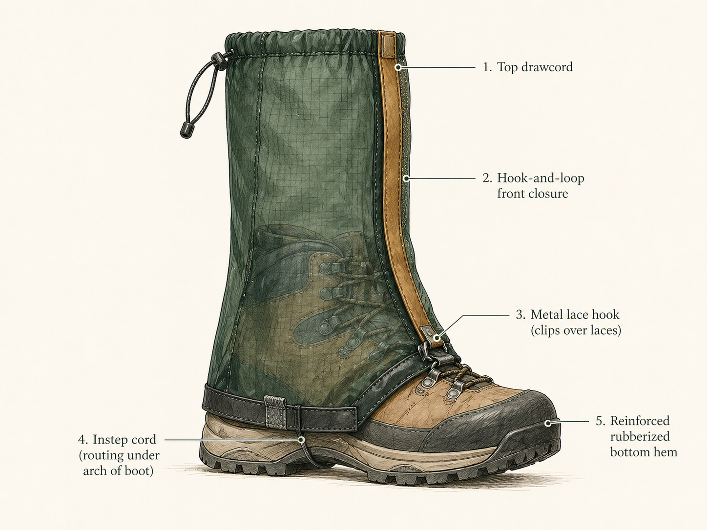 Diagram of a full-height hiking gaiter showing the top drawcord at the calf, hook-and-loop front closure, lace hook at the boot, instep cord beneath the boot, and reinforced bottom hem