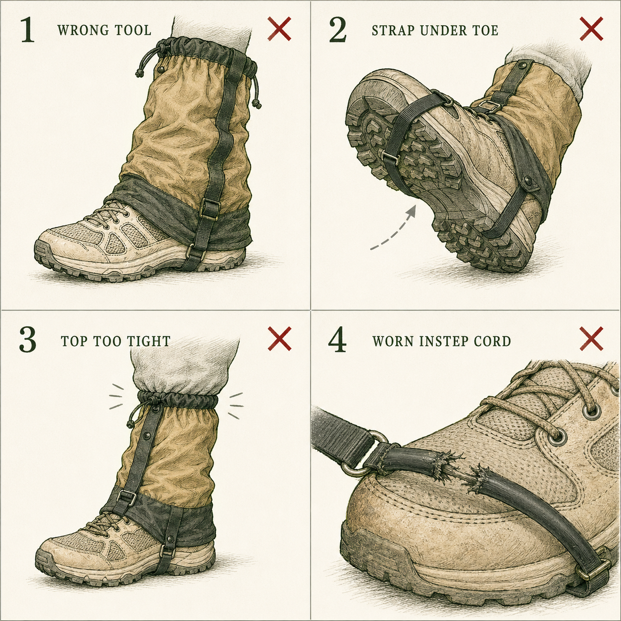 Four-quadrant illustration of common gaiter mistakes: an oversized mountaineering gaiter on a low summer trail runner, an instep strap incorrectly routed under the toe instead of the arch, a top drawcord cinched far too tight compressing the calf, and a frayed worn-through rubber instep cord at the breaking point