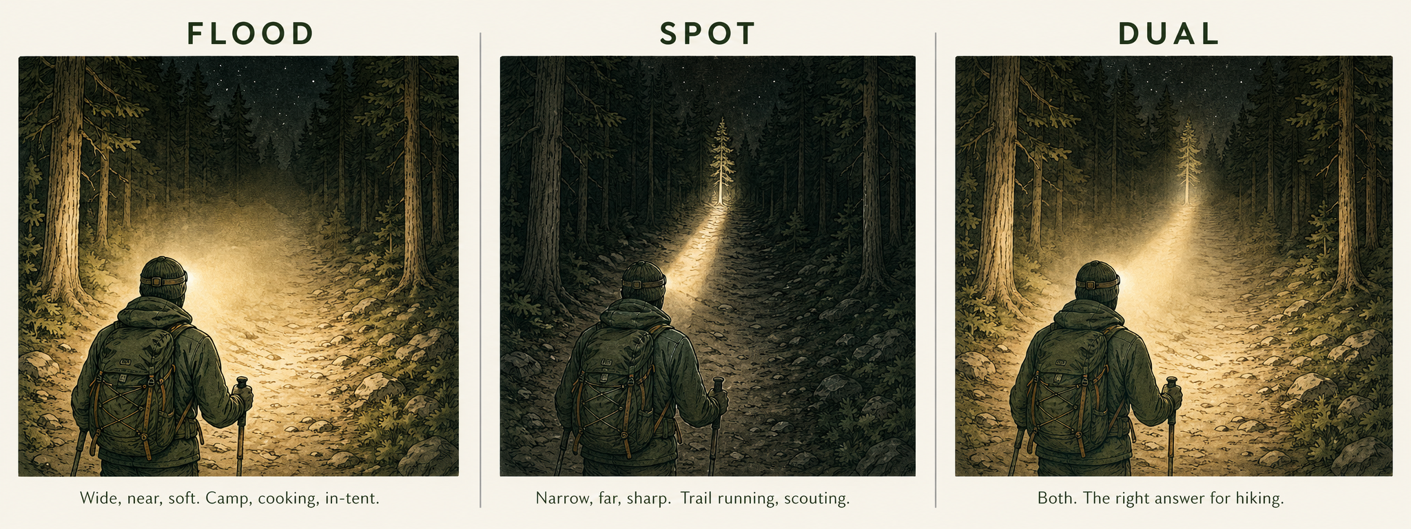 Three-panel comparison illustration showing the same forest trail scene under three headlamp beam types: a wide soft flood beam lighting the immediate 15 feet around the hiker, a narrow tight spot beam throwing a focused column 80 feet down the trail, and a dual beam combining both for near and far illumination