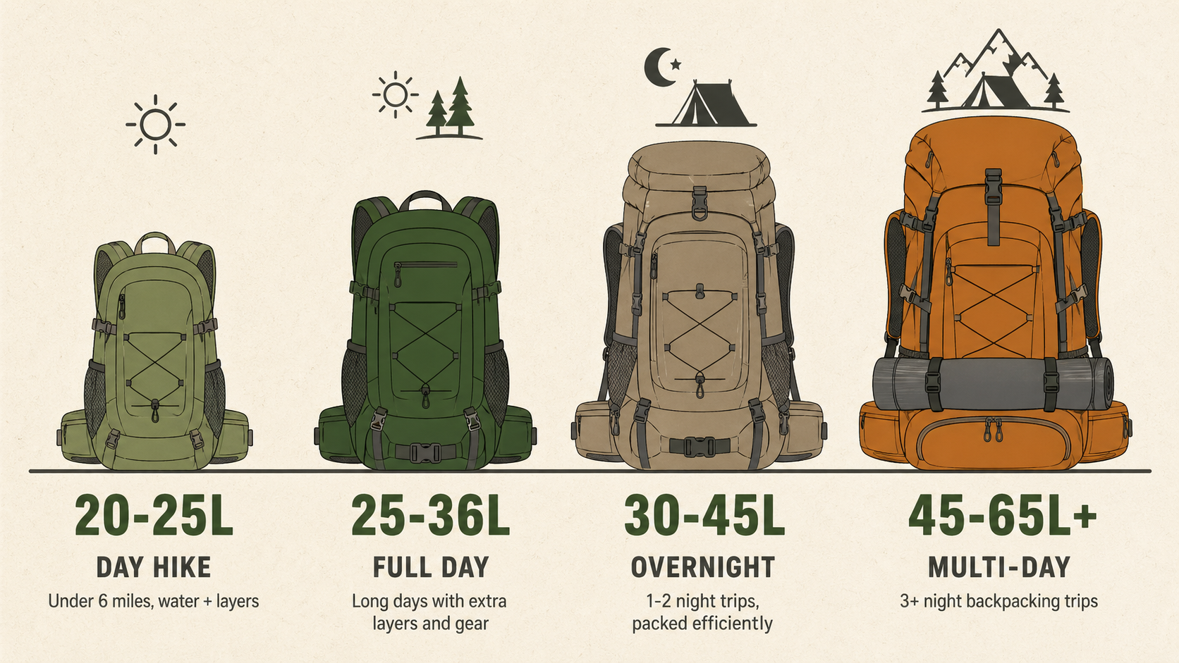 Visual guide showing recommended hiking backpack capacity by use case: day hike 20-25L, full day 25-36L, overnight 30-45L, multi-day 45-65L