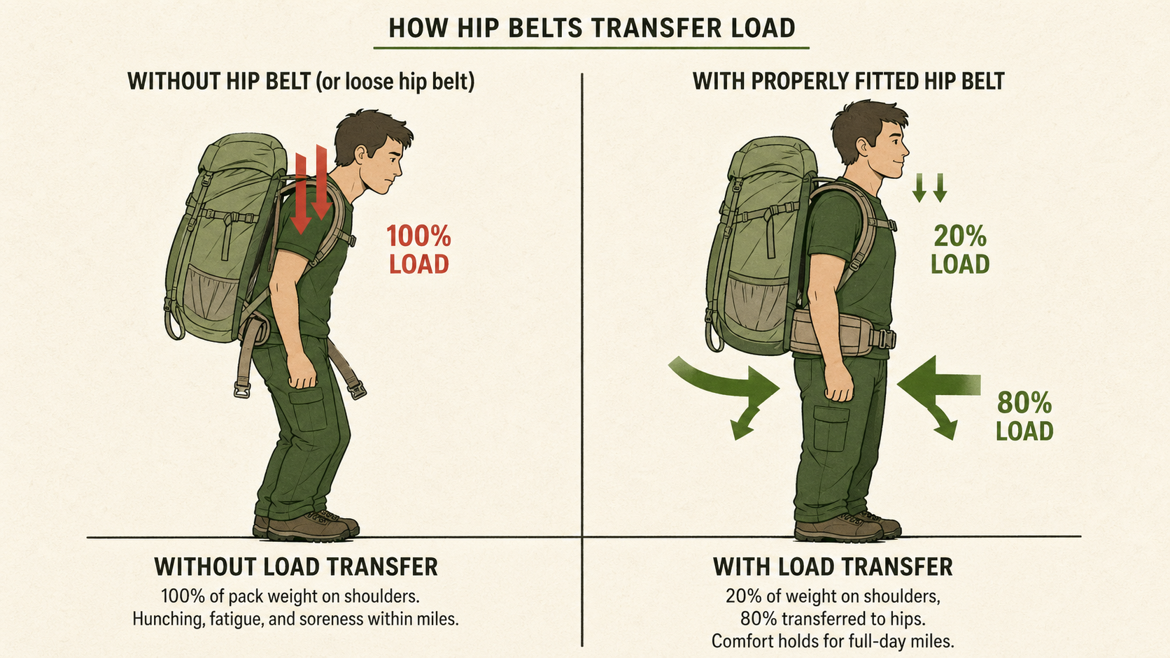 Diagram showing how a properly fitted hip belt transfers hiking backpack load from shoulders to hips