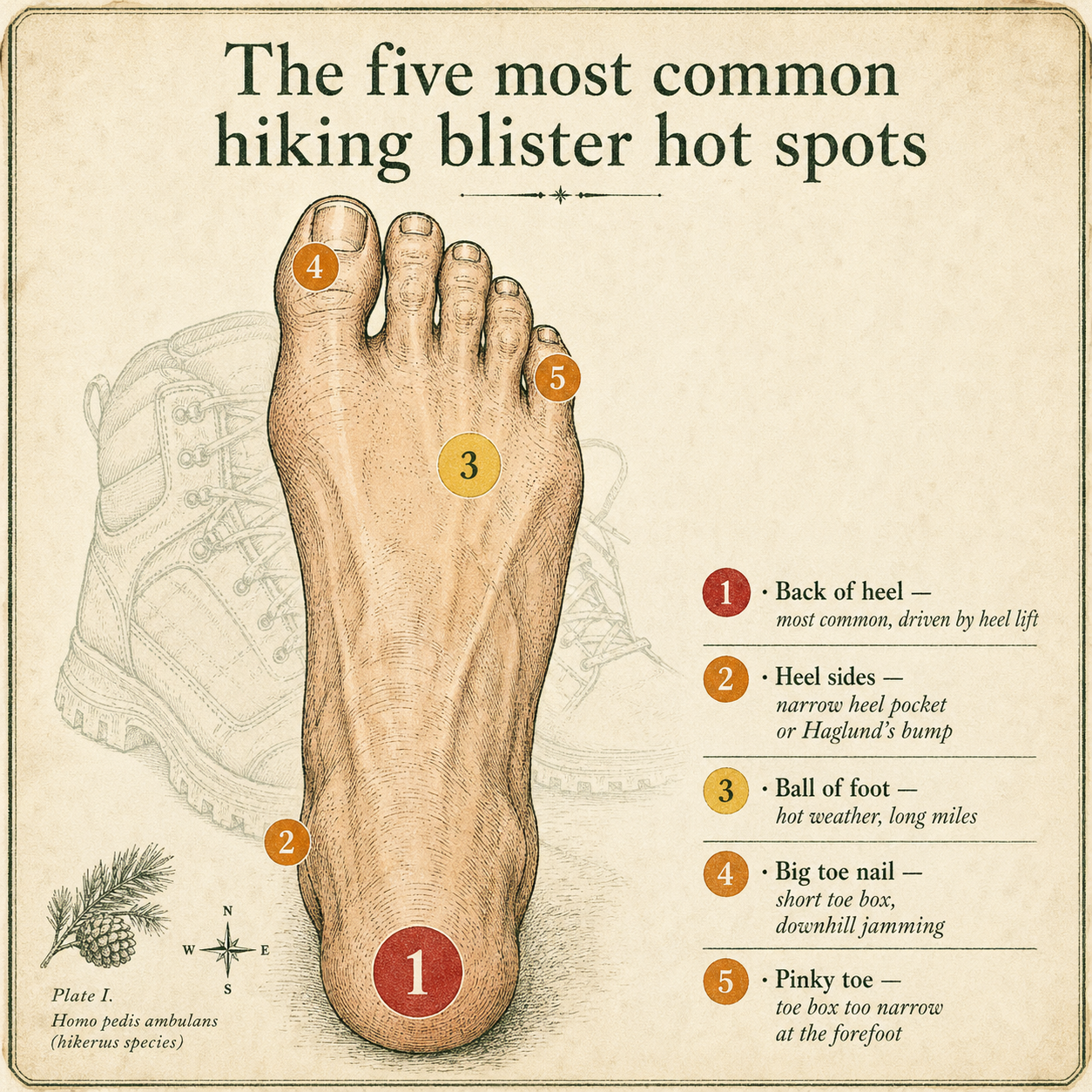 Top-down anatomical illustration of a bare foot with the five most common hiking blister hot spots numbered and labeled: back of heel, heel sides, ball of foot, big toe nail, and pinky toe