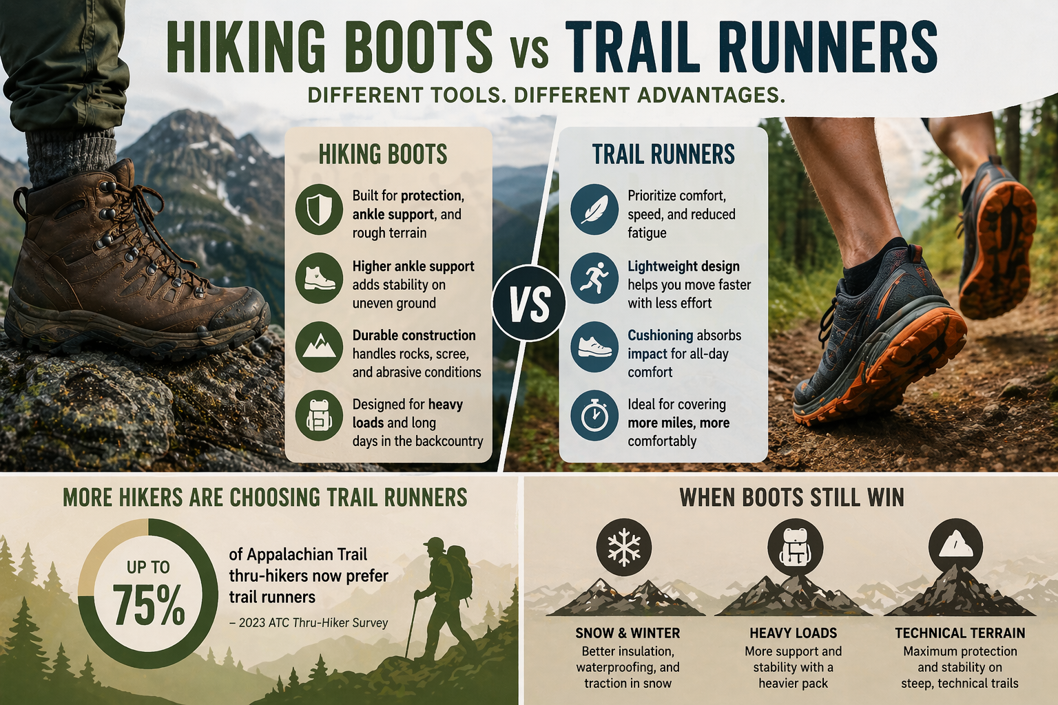 Infographic comparing hiking boots and trail runners across protection, ankle support, durability, and best use cases