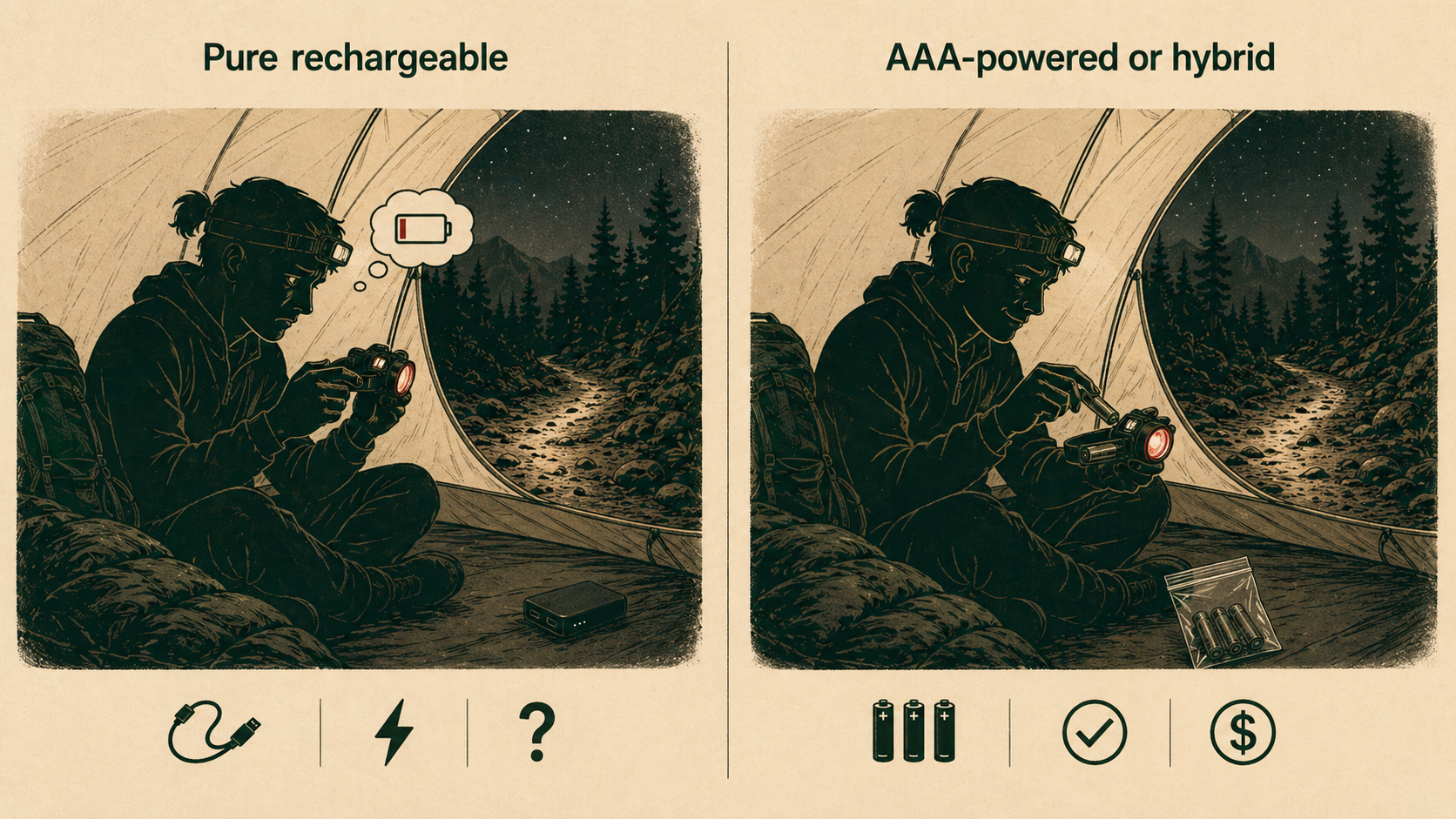 Best hiking headlamp AAA versus rechargeable battery comparison showing multi-day reliability and power source availability for backpacking trips