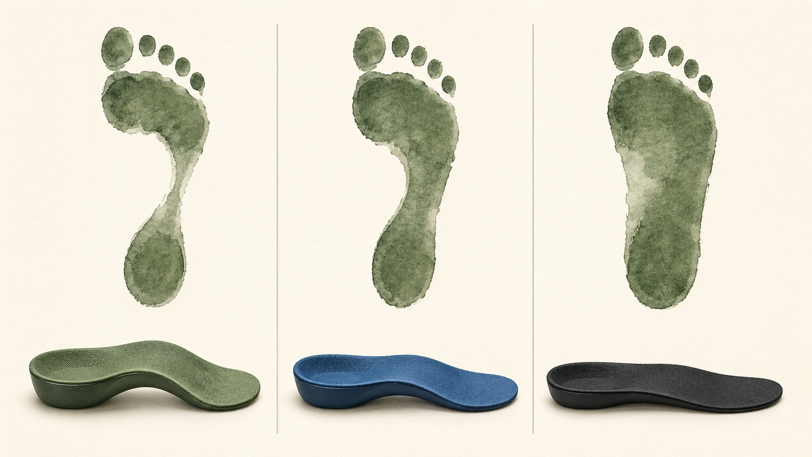 Best insoles for hiking foot type guide showing high arch, normal arch, and flat foot wet footprint patterns matched to insole types