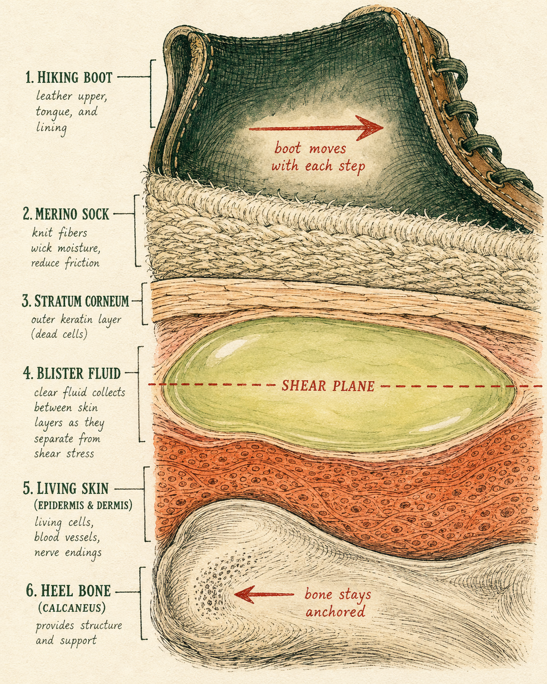 Anatomical cross-section diagram of a hiking blister forming. The boot and sock slide one direction while the heel bone stays anchored, creating a shear plane between the outer and deeper skin layers where a fluid-filled pocket forms