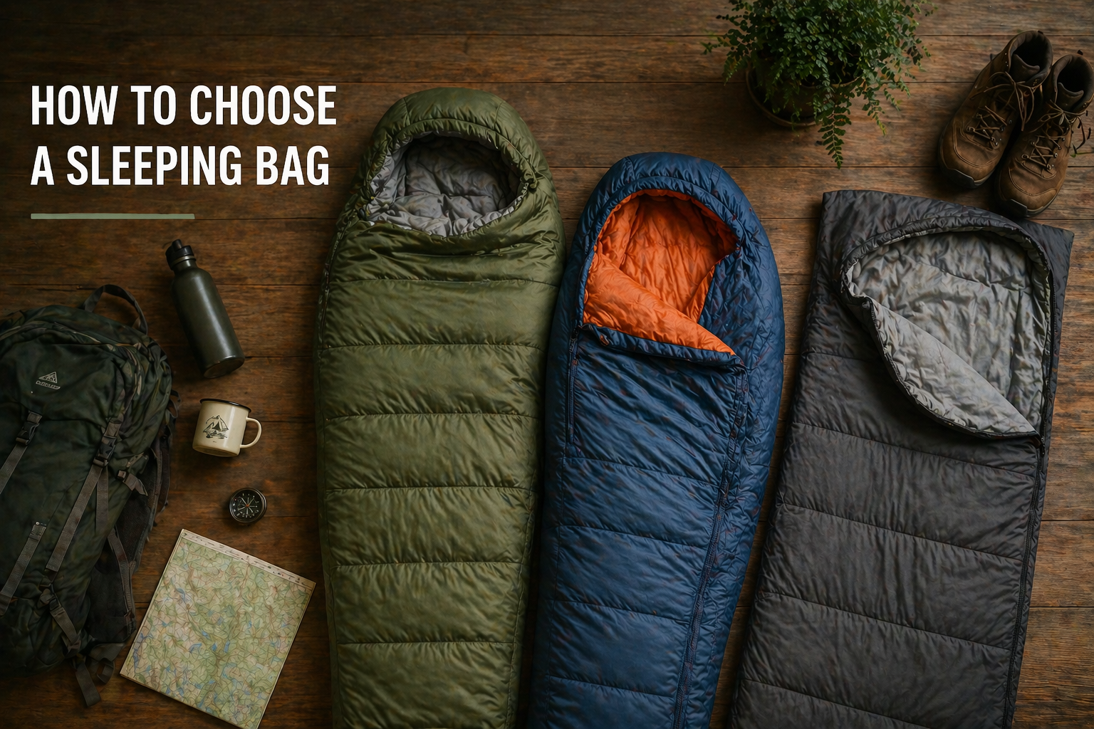 Several sleeping bags laid out for comparison showing different shapes and temperature ratings