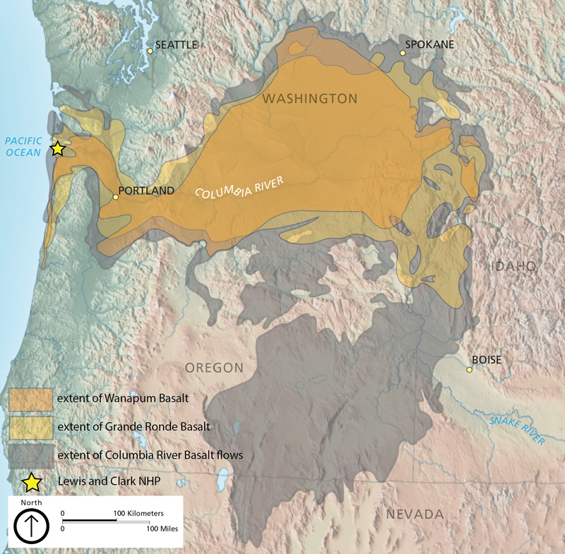 Geological map showing the layers of Columbia River basalt flows in the Eagle Creek canyon, with stacked horizontal flow units forming the cliffs along the trail