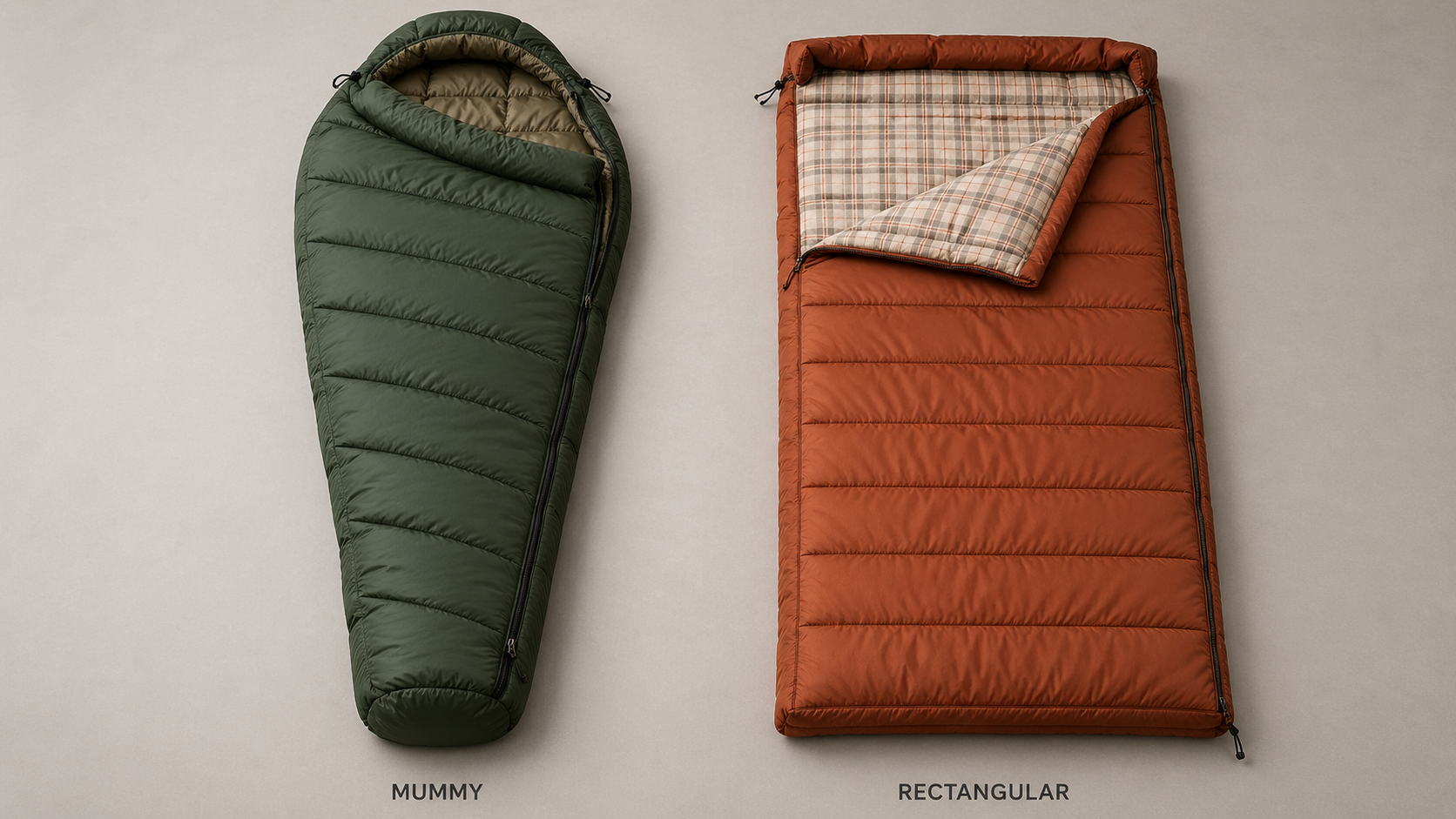 Mummy vs rectangular cold weather sleeping bag shape comparison: forest green tapered mummy bag with insulated hood next to a rust-orange flannel-lined rectangular bag