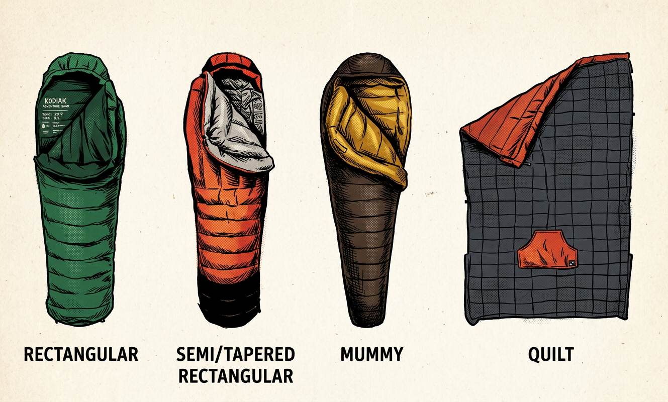 Illustration showing the four sleeping bag shapes: mummy, semi-rectangular, rectangular, and quilt