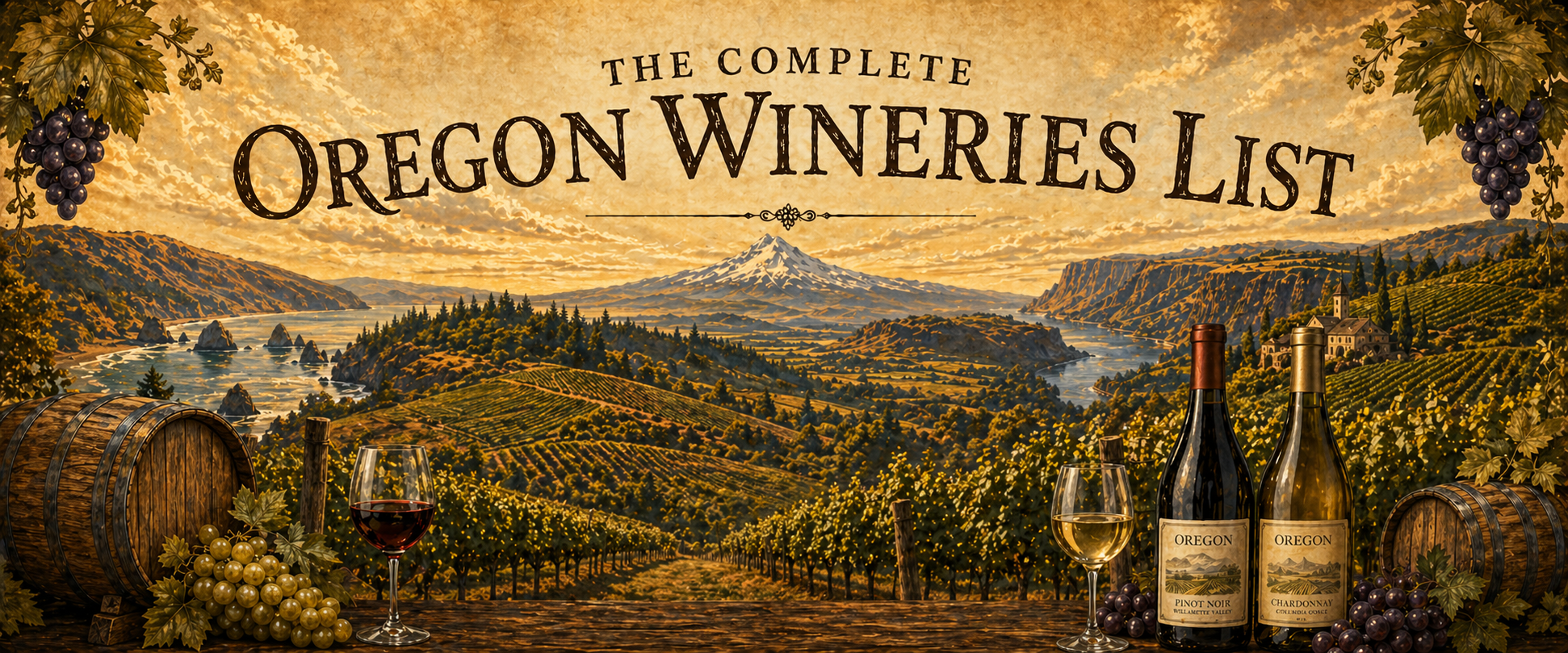 Oregon Wineries List 2026: vineyard rows in the Willamette Valley wine country