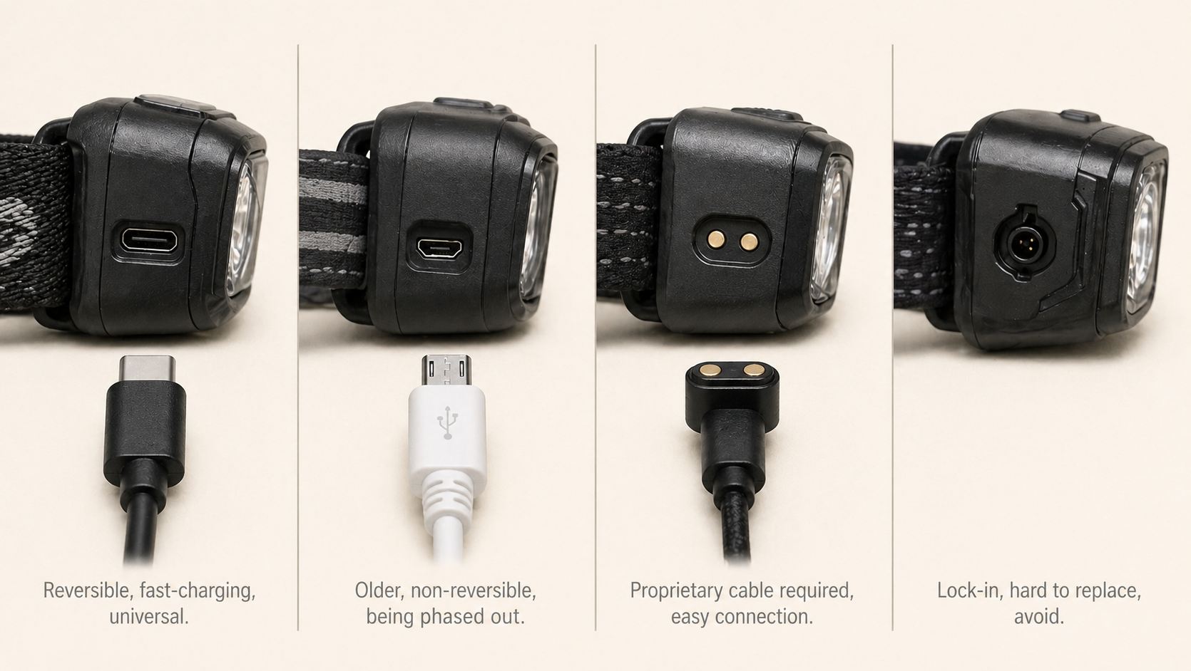 Best rechargeable headlamp charging port comparison showing USB-C, USB-A, magnetic charging, and proprietary connector types