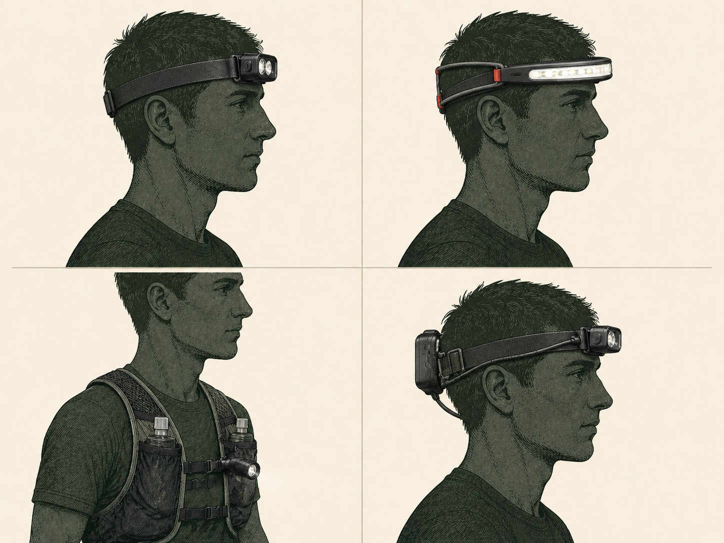 Best rechargeable headlamp fit and form factor comparison showing traditional headband, IKO flat-light design, right-angle vest mount, and rear battery pack styles