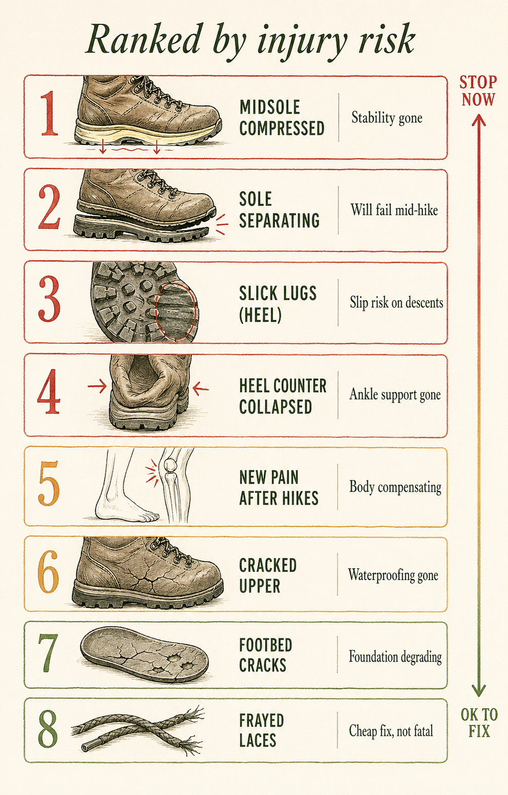 Vertical infographic ranking the eight signs of a worn-out hiking boot from most severe to least, with red accents on the top four (compressed midsole, separating sole, slick heel lugs, collapsed heel counter), amber accents on the middle two (new pain after hikes, cracked upper), and sage green accents on the bottom two (footbed cracks, frayed laces), with a side label transitioning from stop now at the top to ok to fix at the bottom