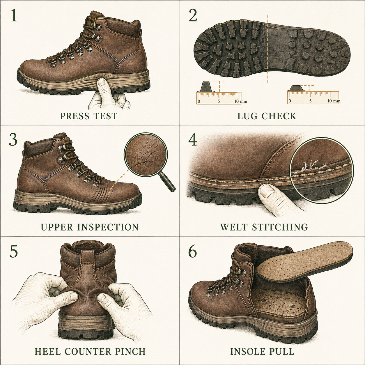 Six-panel diagnostic illustration showing the six checks for a worn-out hiking boot: thumb press test on the midsole, lug height check on the outsole, upper inspection at the bend point, fingernail check along the welt stitching, heel counter pinch from behind, and insole pull to inspect the footbed beneath