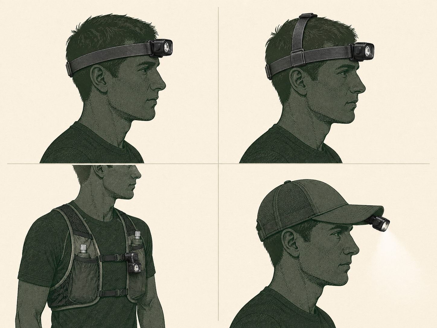 Best running headlamp fit guide showing forehead-mounted, over-top dual band, hydration vest chest-mounted, and ball cap visor mounting options