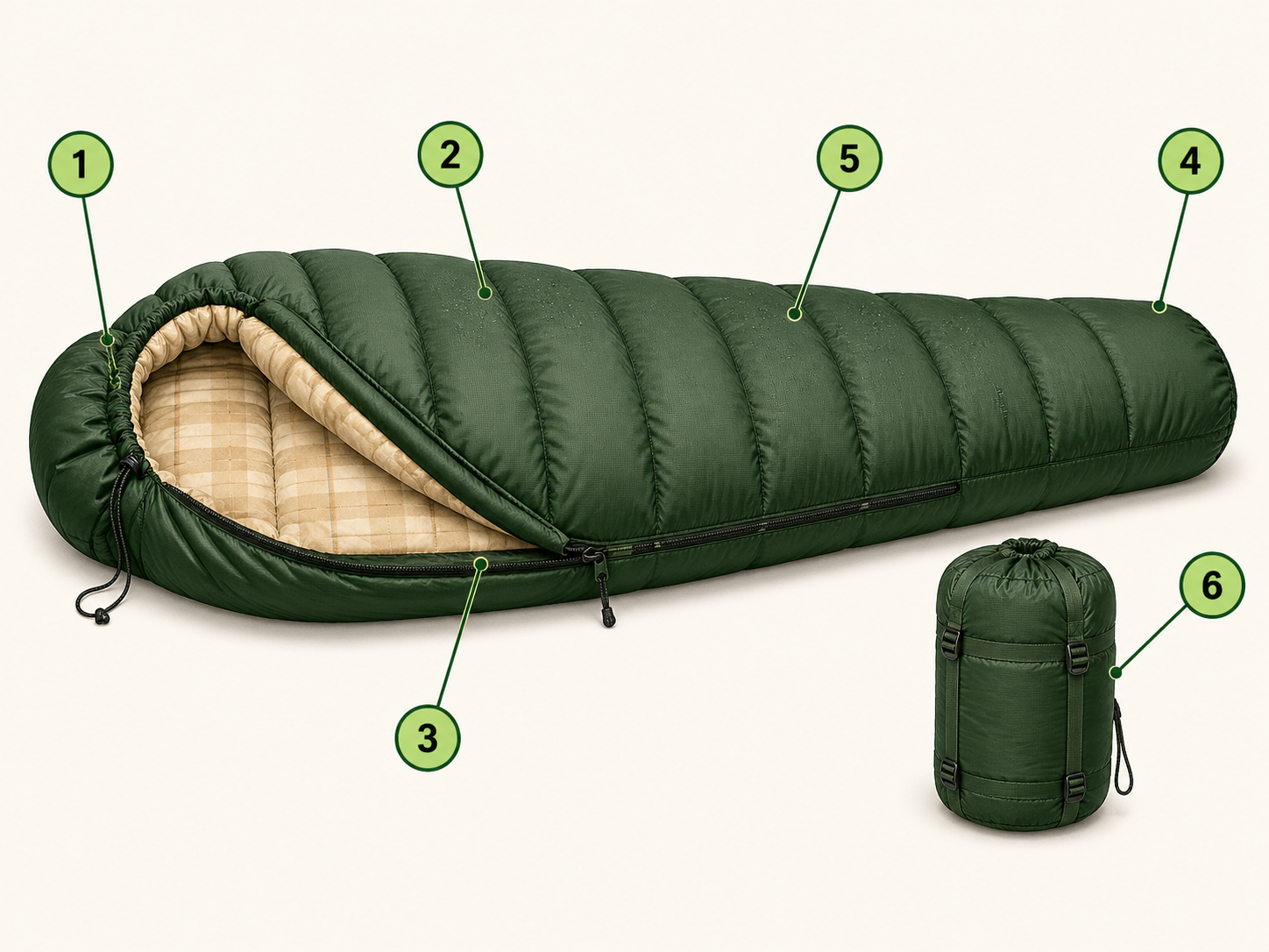 Anatomy of the best sleeping bags: 6 construction details labeled including hood cinch, baffle stitching, zipper draft tube, footbox, shell fabric, and stuff sack