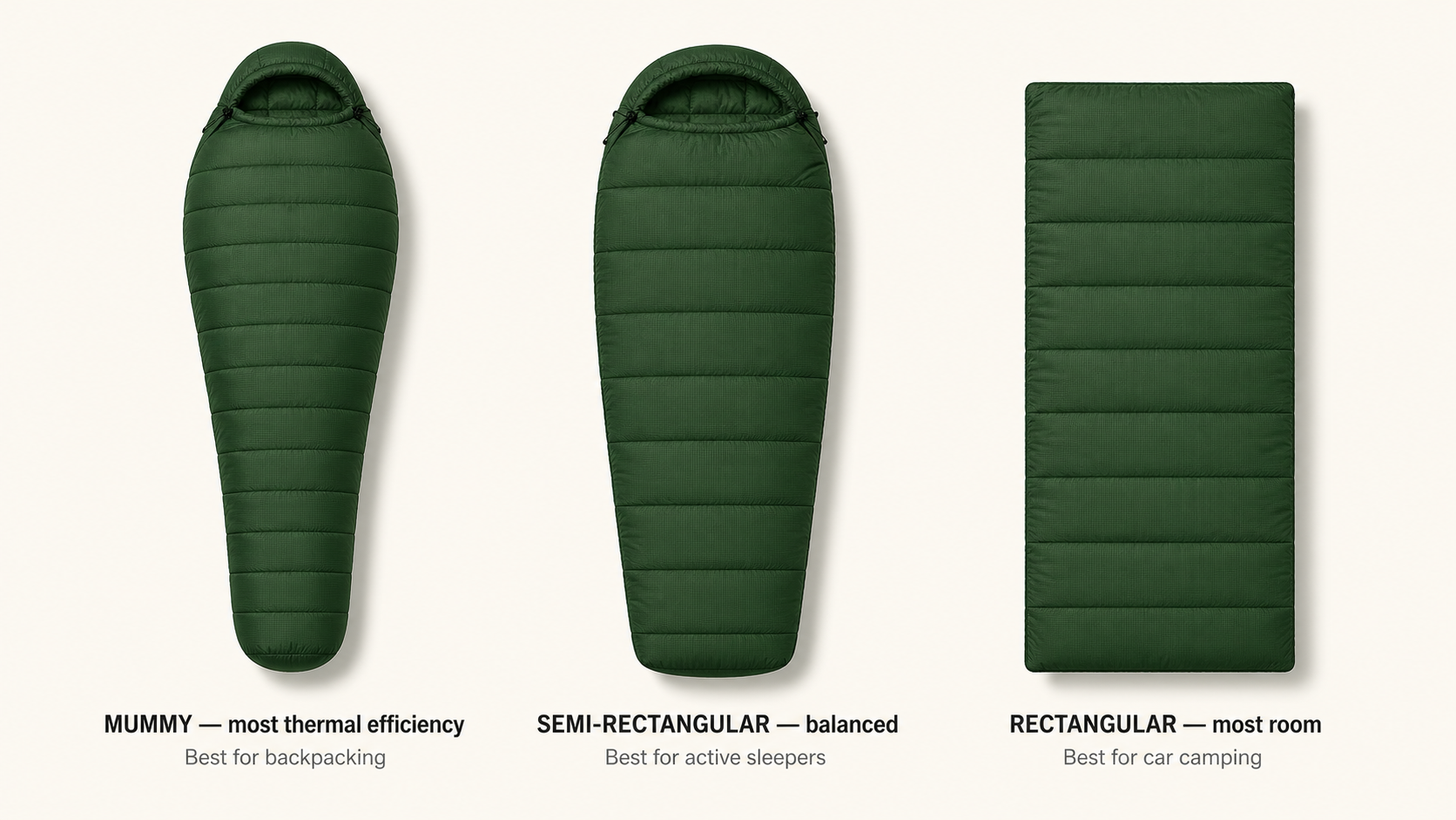 Comparison of best sleeping bags by shape: mummy, semi-rectangular, and rectangular cuts showing thermal efficiency tradeoffs
