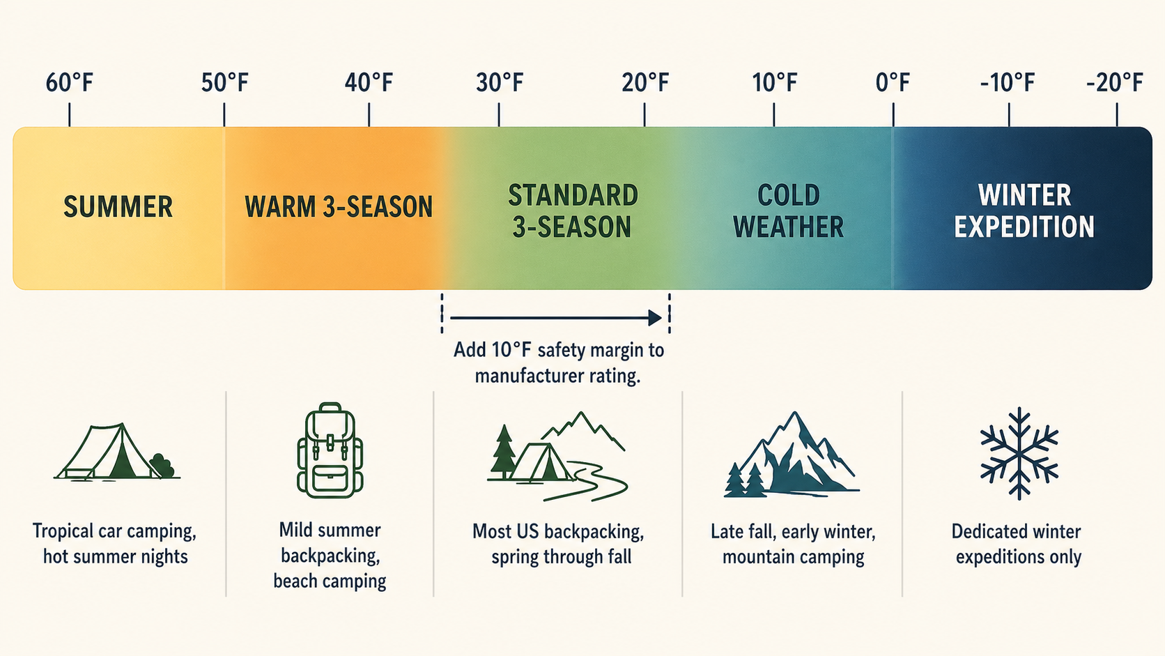 Temperature rating chart for the best sleeping bags showing 5 zones from summer to winter expedition with use-case recommendations