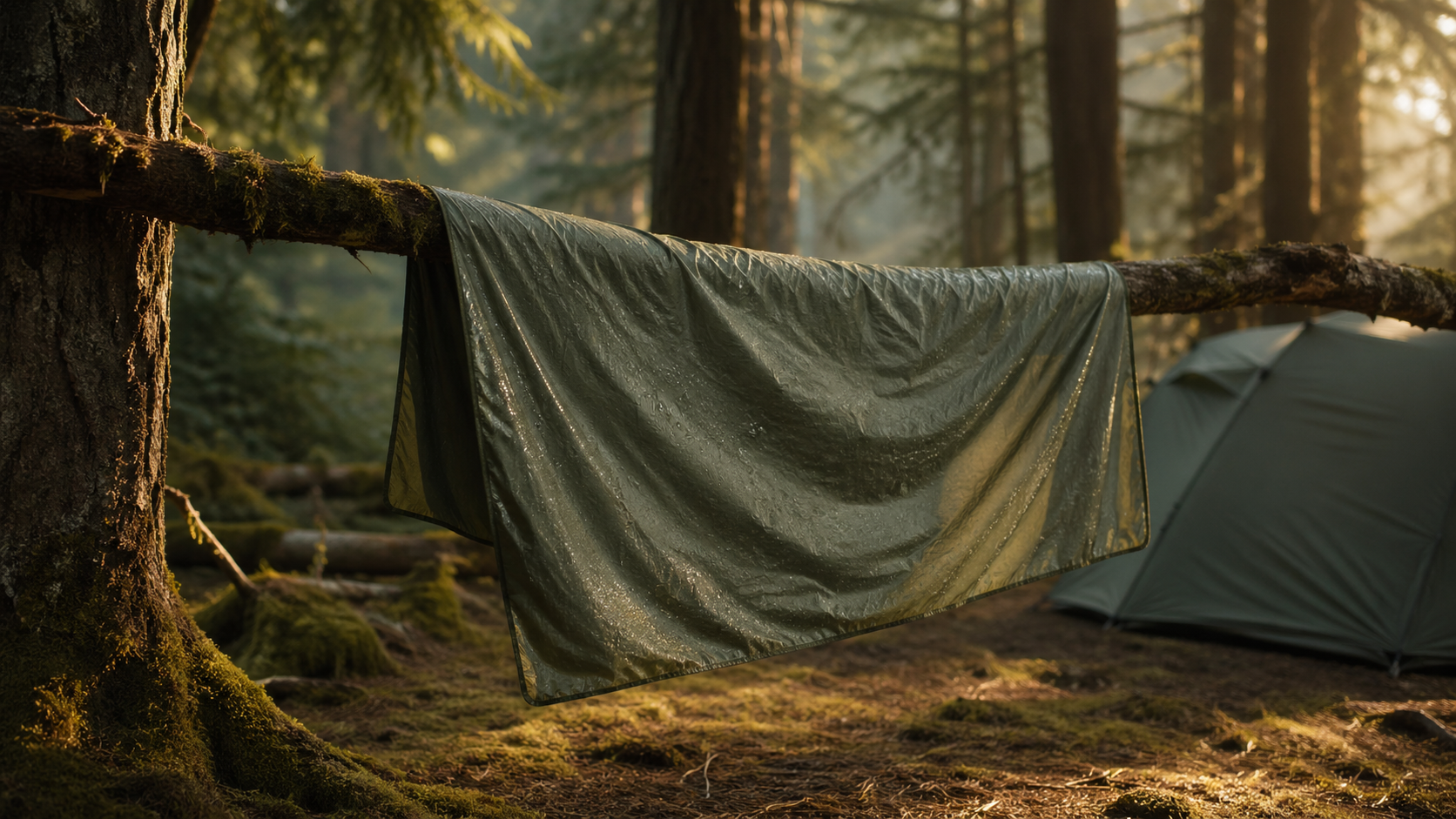 A green polyester tent footprint draped over a tree branch at a forest campsite, drying in late afternoon golden light filtering through Douglas firs