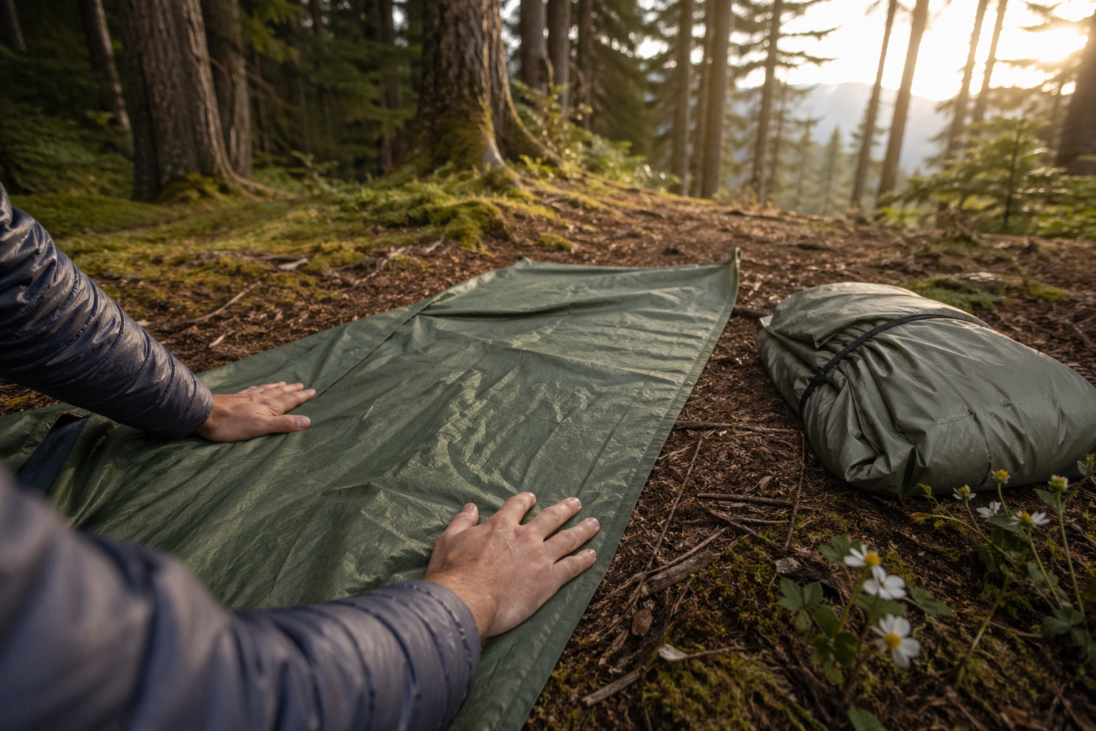 A person's hands smoothing a green polyester tent footprint flat on a cleared patch of forest floor, with a folded backpacking tent visible to the side ready to pitch