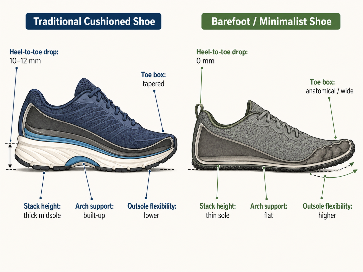 Traditional running shoe vs barefoot shoe diagram comparing sole stack height, heel-to-toe drop, toe box width, and cushion , the structural differences that define the best barefoot running shoes