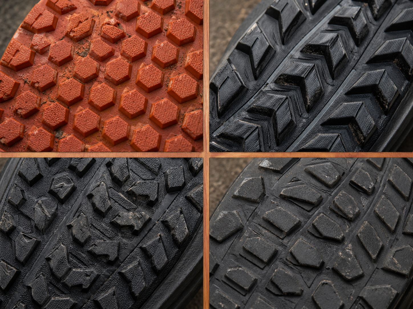 Trail running shoe outsole rubber compound comparison , Vibram MegaGrip, Salomon Contagrip, Brooks TrailTack, and Altra MaxTrac patterns shown in close detail