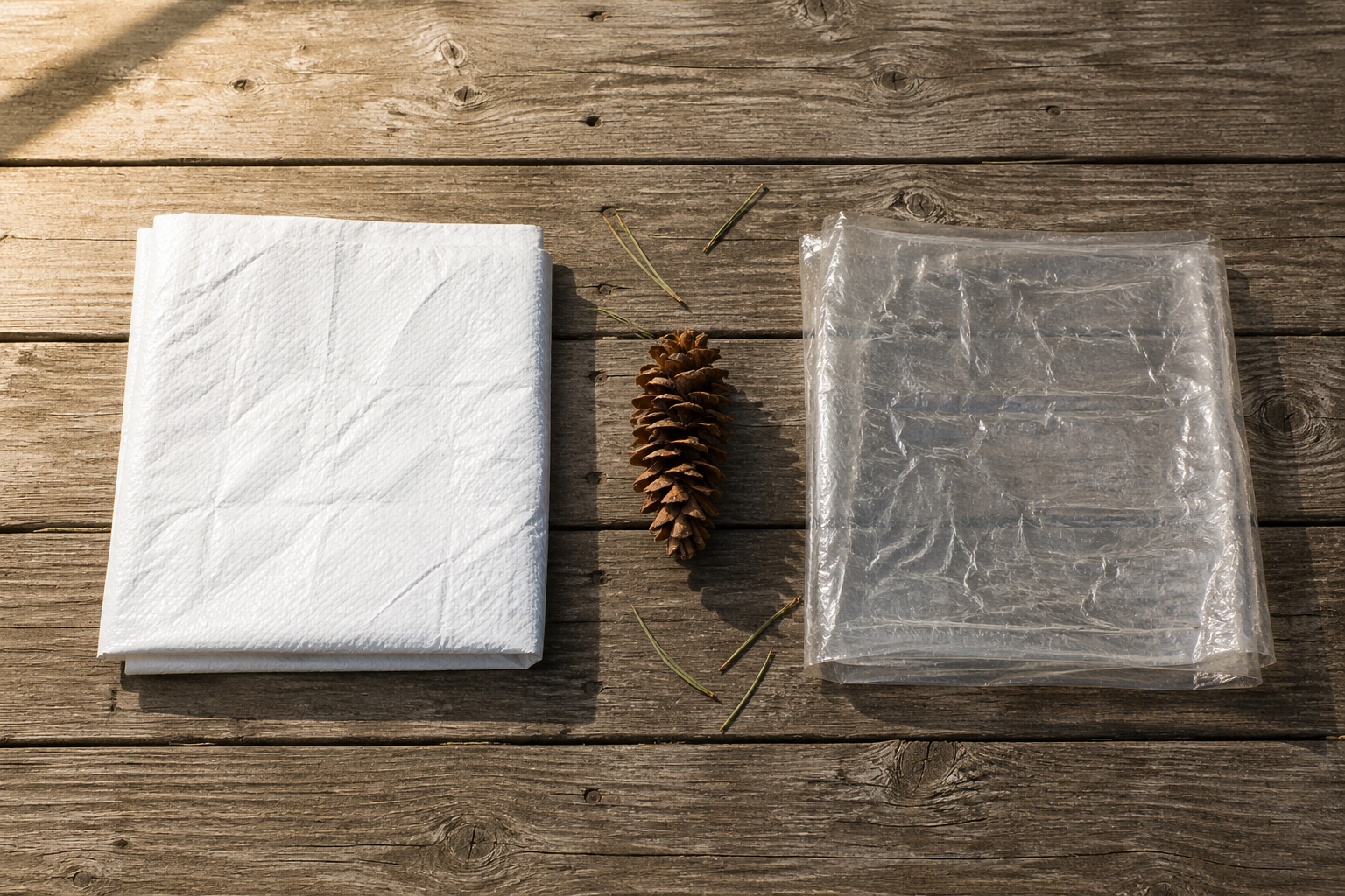 Top-down flat-lay photograph of folded Tyvek house wrap on the left and translucent Polycro window film on the right, with a Douglas fir cone and pine needles between them on weathered cedar planks