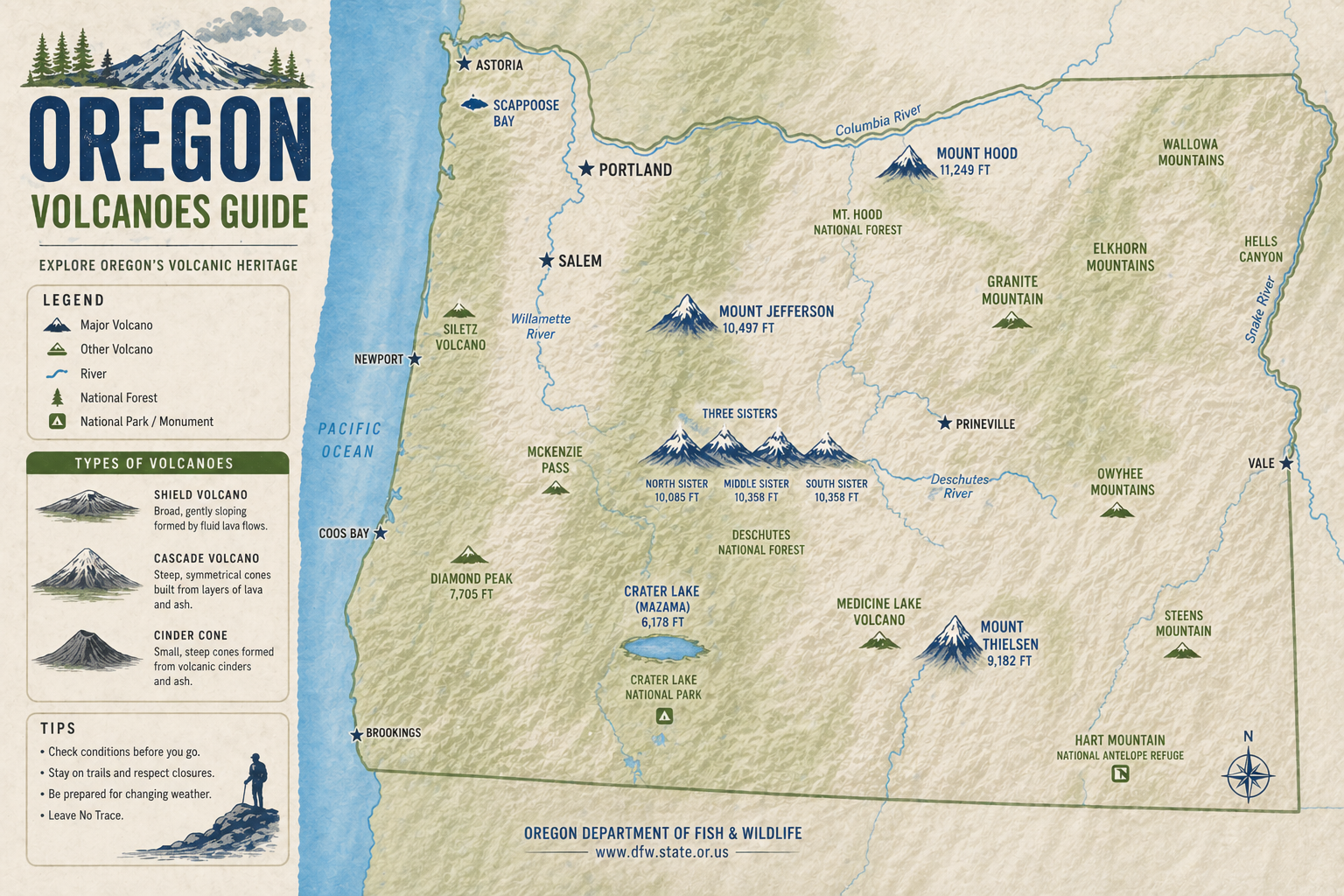 Illustrated map of Oregon's volcanoes