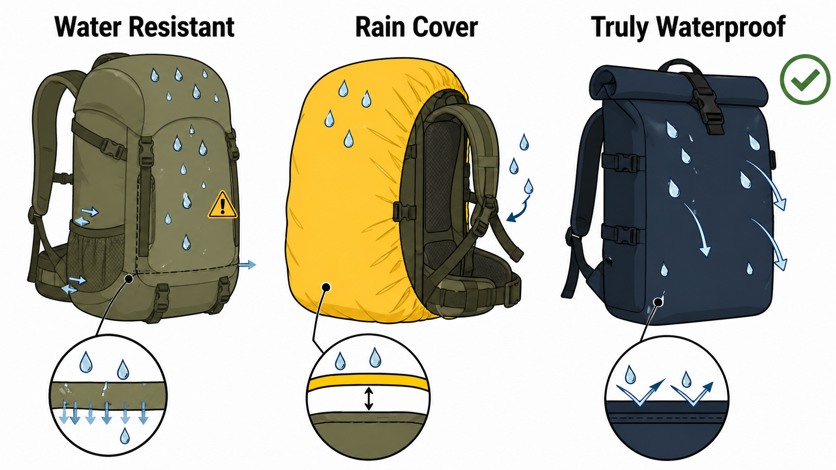 Diagram comparing three backpack protection levels: water resistant with beading droplets, rain cover with gap at back panel, and truly waterproof roll-top sealed construction