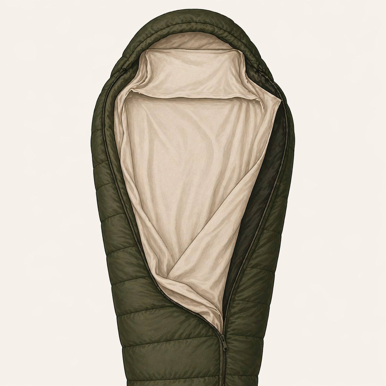 A sleeping bag liner partially pulled out of a mummy bag