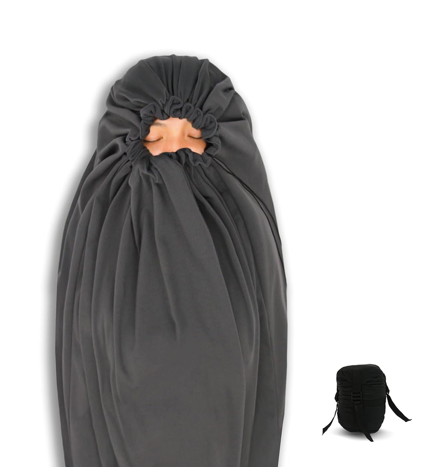 Litume all-season fleece mummy sleeping bag liner with drawstring hood, packed next to its compression stuff sack